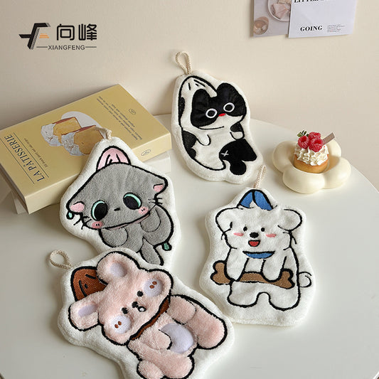 Coral Fleece Cartoon Black Cat Hand Towel, Cute Thick Absorbent Face Hanky Wholesale