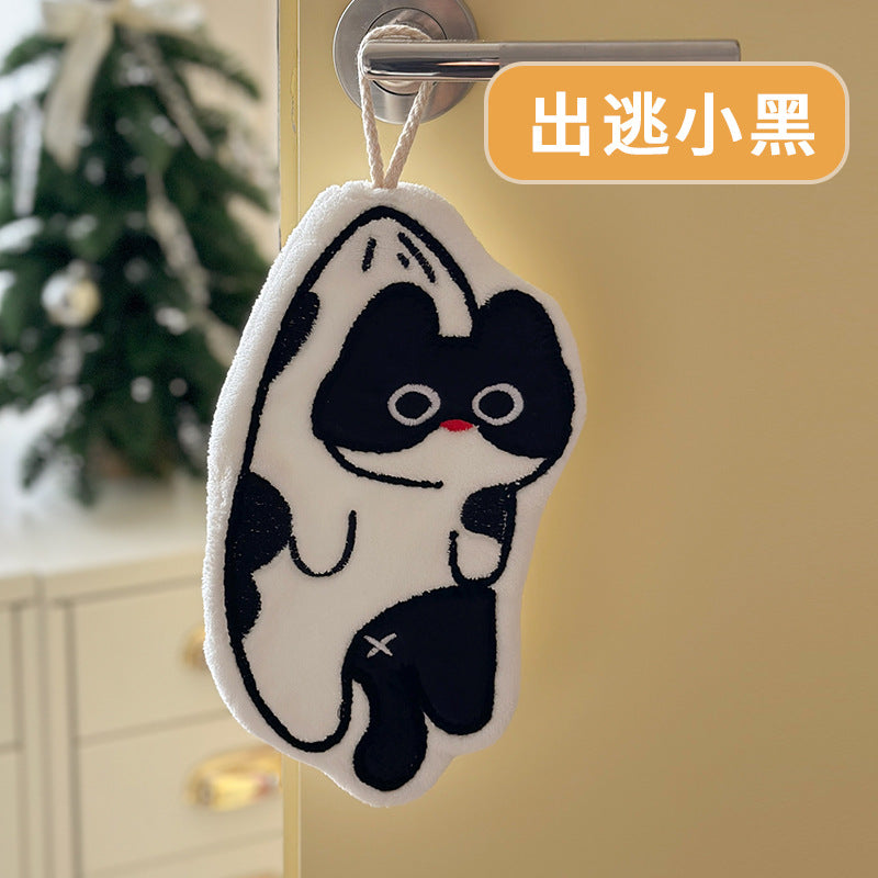 Coral Fleece Cartoon Black Cat Hand Towel, Cute Thick Absorbent Face Hanky Wholesale