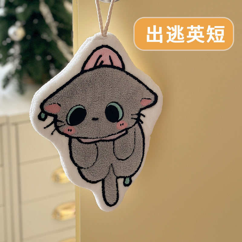 Coral Fleece Cartoon Black Cat Hand Towel, Cute Thick Absorbent Face Hanky Wholesale