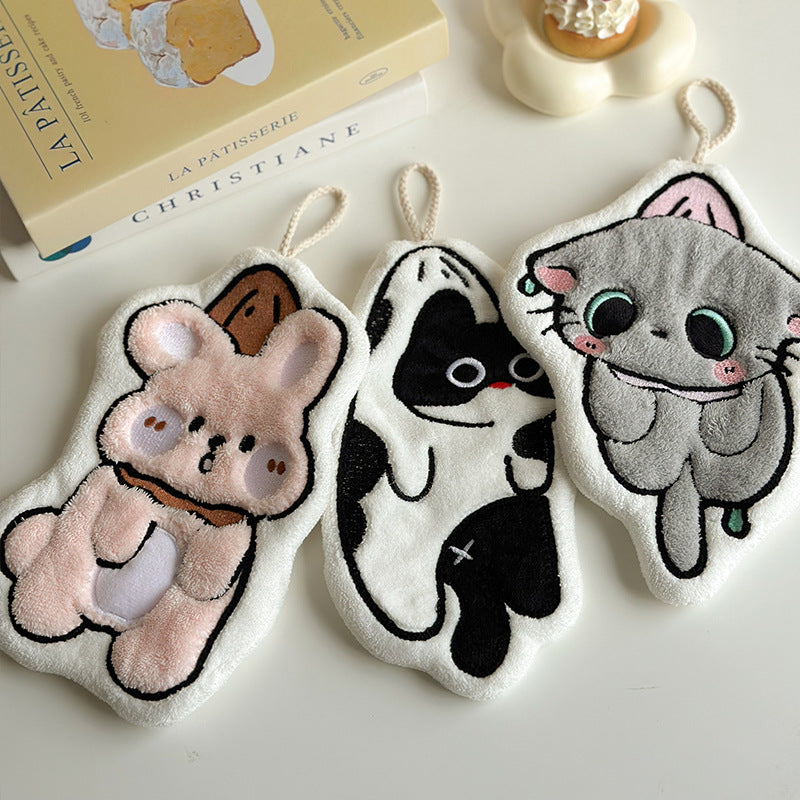 Coral Fleece Cartoon Black Cat Hand Towel, Cute Thick Absorbent Face Hanky Wholesale